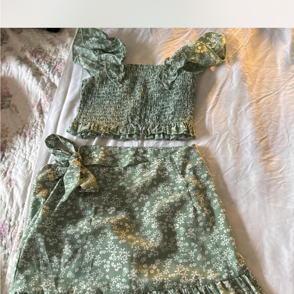 Green Puff Sleeve Sundress Matching Set